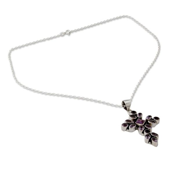 Alternate image for Amethyst and Sterling Silver Necklace with Cross Pendant Lilac Spirituality