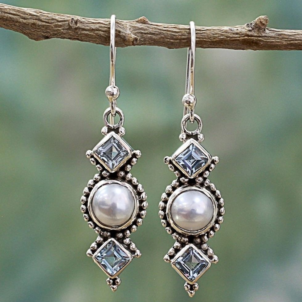 Blue Topaz and Cultured Pearl Sterling Silver Dangle Earring 'Marine Allure'