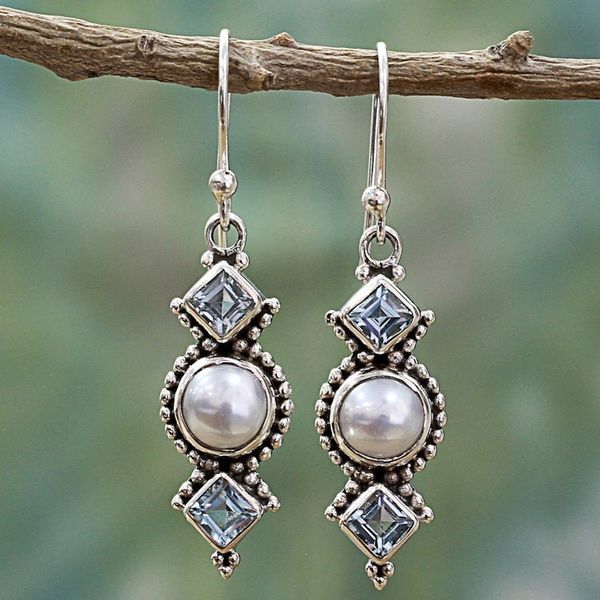 Alternate image for Blue Topaz and Cultured Pearl Sterling Silver Dangle Earring Marine Allure