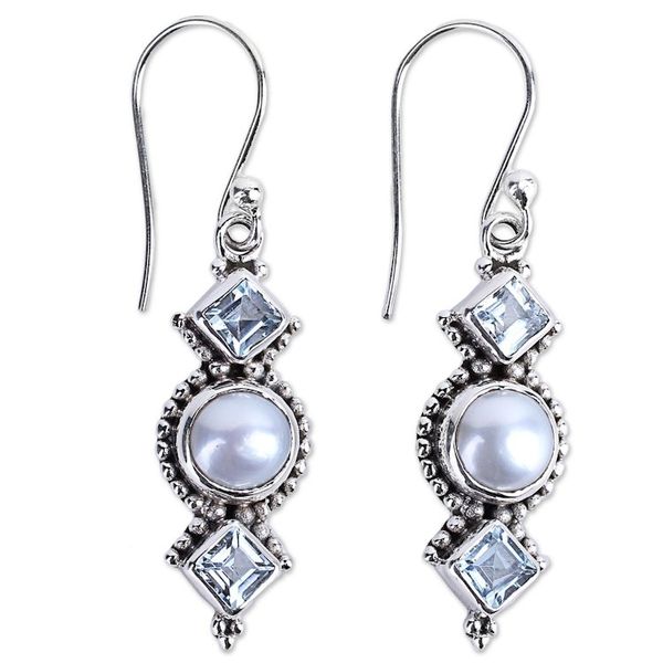 Alternate image for Blue Topaz and Cultured Pearl Sterling Silver Dangle Earring Marine Allure