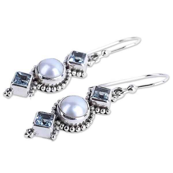 Alternate image for Blue Topaz and Cultured Pearl Sterling Silver Dangle Earring Marine Allure