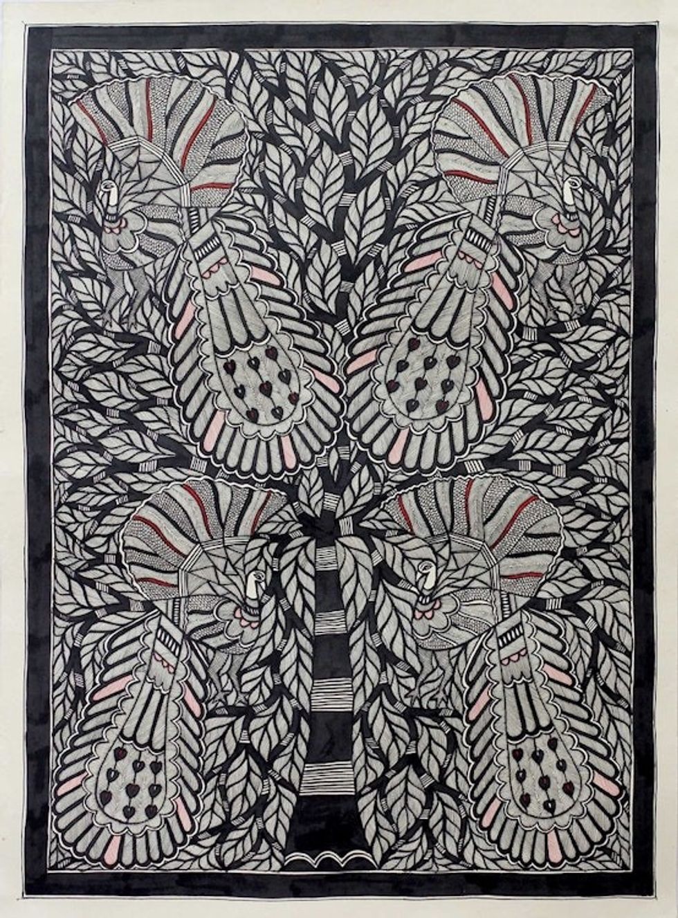 Black and White Madhubani Style Painting from India 'Love for Nature II'