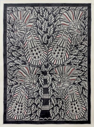 Alternate image for Black and White Madhubani Style Painting from India Love for Nature II