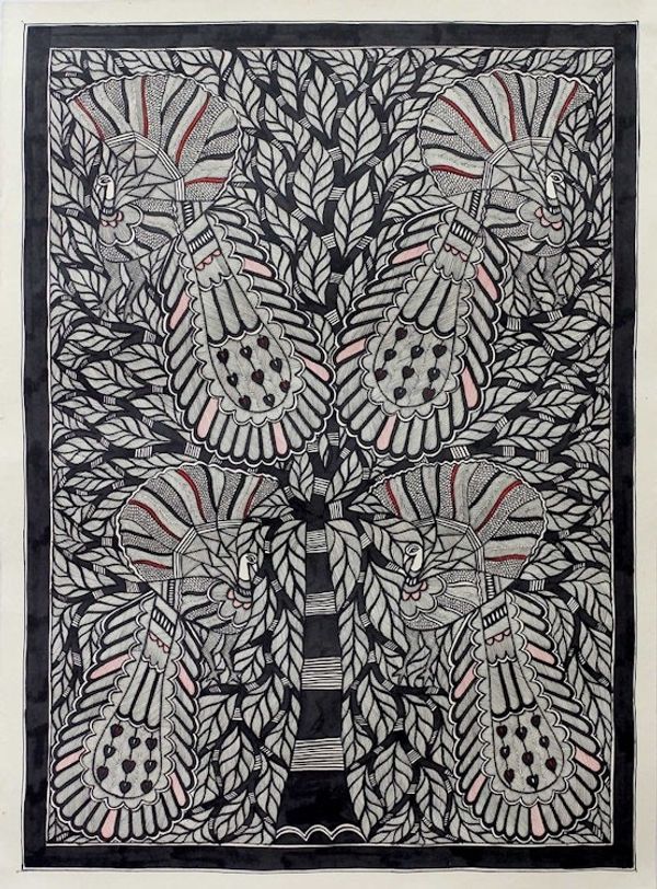 Image for Black and White Madhubani Style Painting from India Love for Nature II