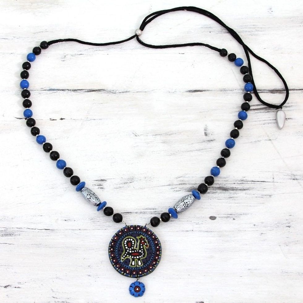 Blue and Black Hand Painted Ceramic Pendant Necklace 'Peacock Flair'