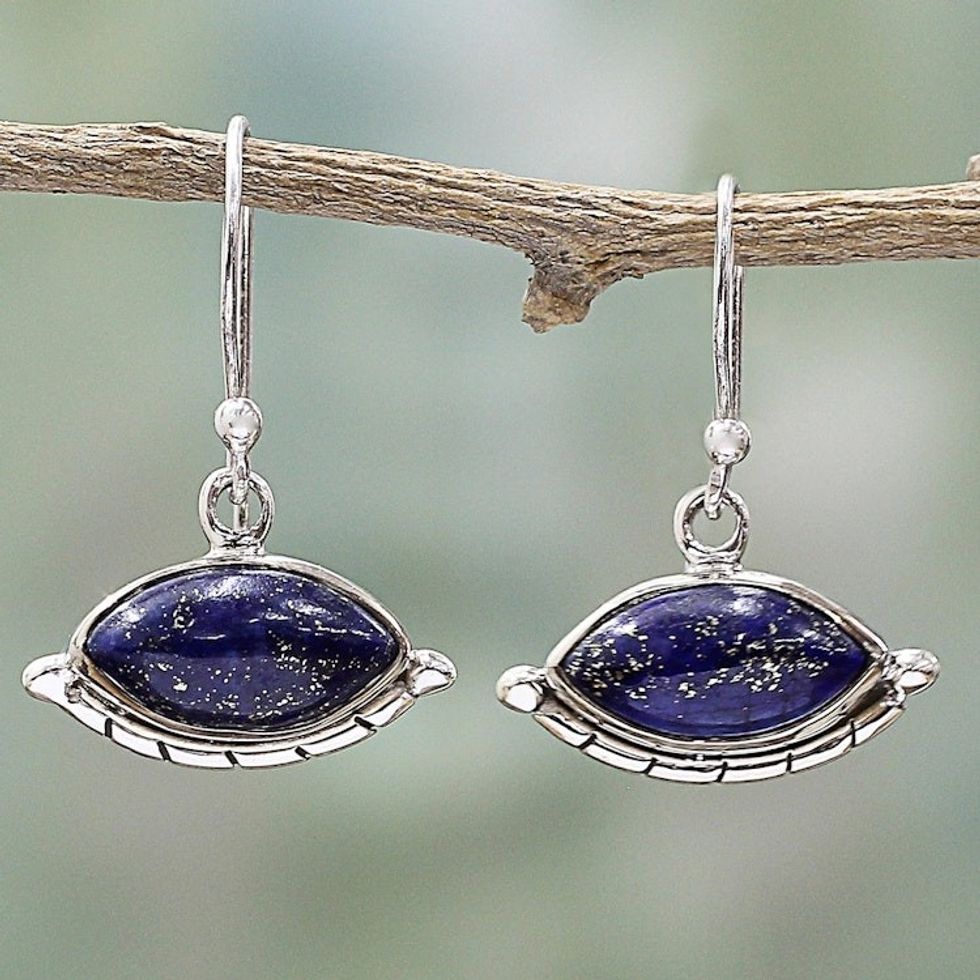 Sterling Silver Lapis Lazuli Dangle Earrings from India 'Protective Eyes in Blue'