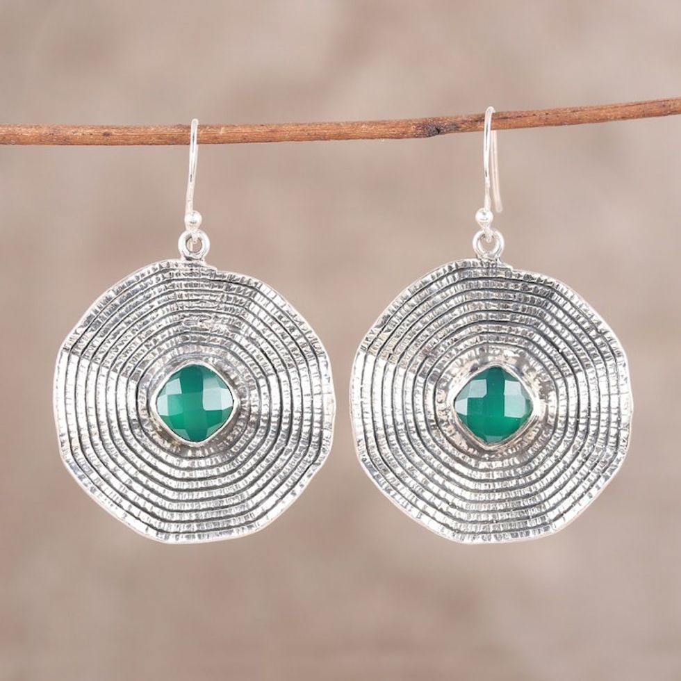Sterling Silver Green Onyx Floral Disc Dangle Earrings 'Green Floral Spell'