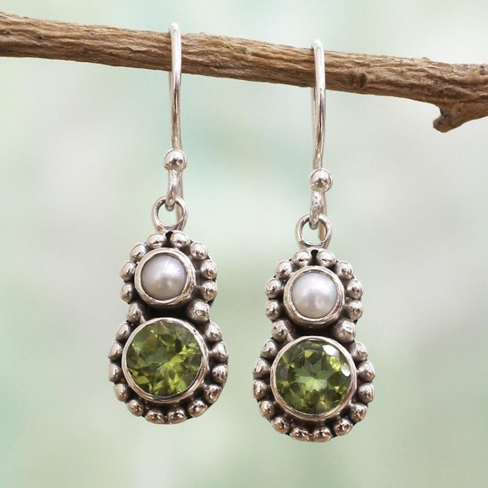 Petite Peridot and Cultured Pearl Silver Dangle Earrings 'Kolkata Sparkle'