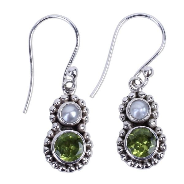 Alternate image for Petite Peridot and Cultured Pearl Silver Dangle Earrings Kolkata Sparkle