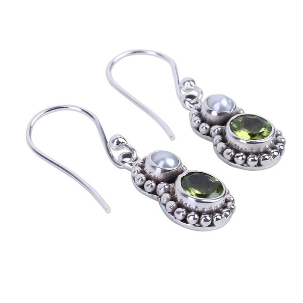 Alternate image for Petite Peridot and Cultured Pearl Silver Dangle Earrings Kolkata Sparkle