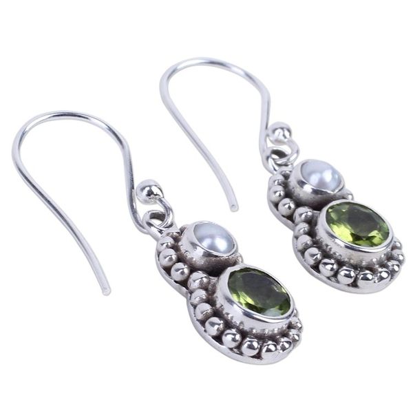 Alternate image for Petite Peridot and Cultured Pearl Silver Dangle Earrings Kolkata Sparkle