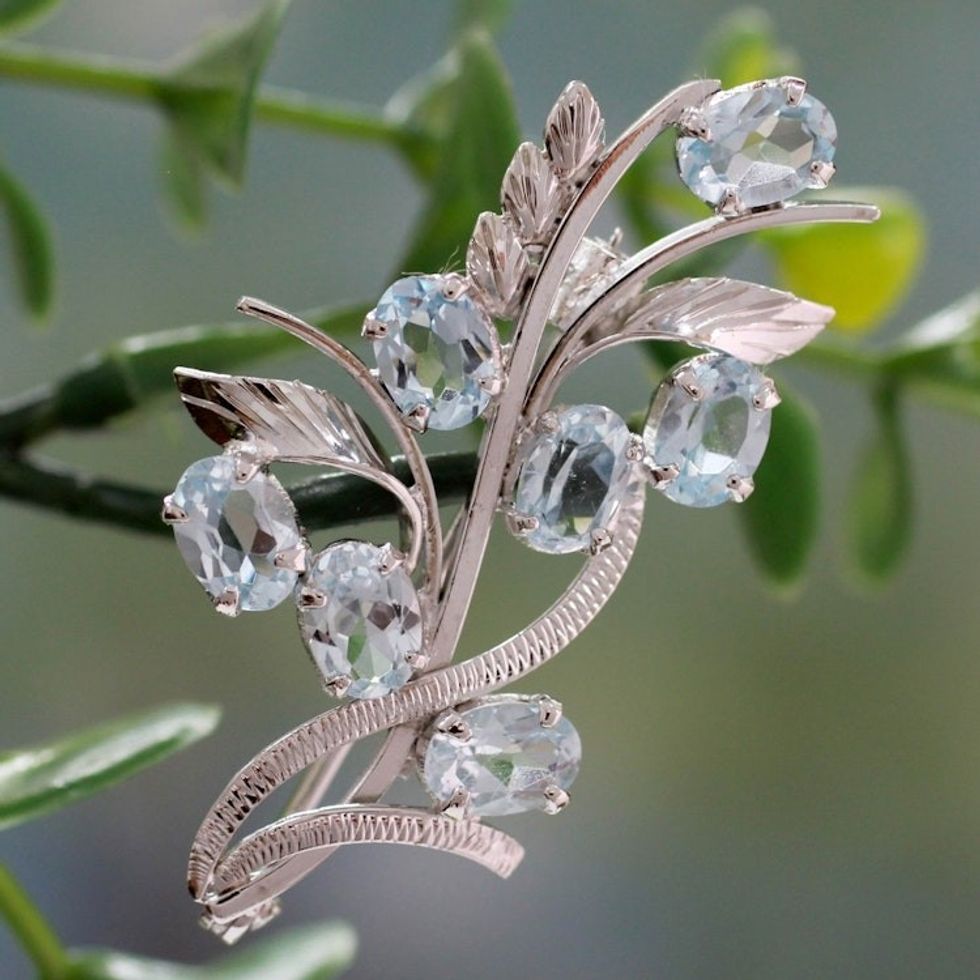 7 Carats Blue Topaz Sterling Silver Brooch Pin from India 'Blossoming Truth'