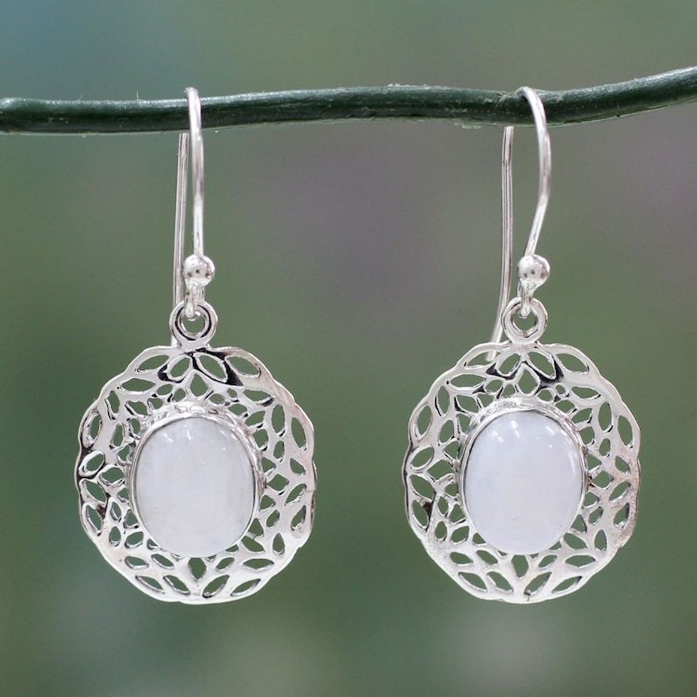 Handcrafted Rainbow Moonstone Earrings with Silver Halos 'Delhi Dewdrop'
