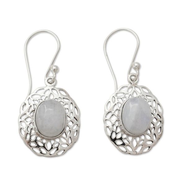 Alternate image for Handcrafted Rainbow Moonstone Earrings with Silver Halos Delhi Dewdrop