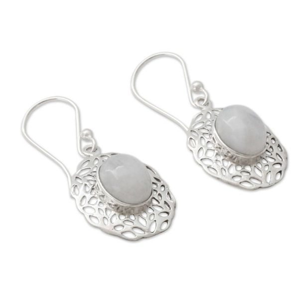 Alternate image for Handcrafted Rainbow Moonstone Earrings with Silver Halos Delhi Dewdrop
