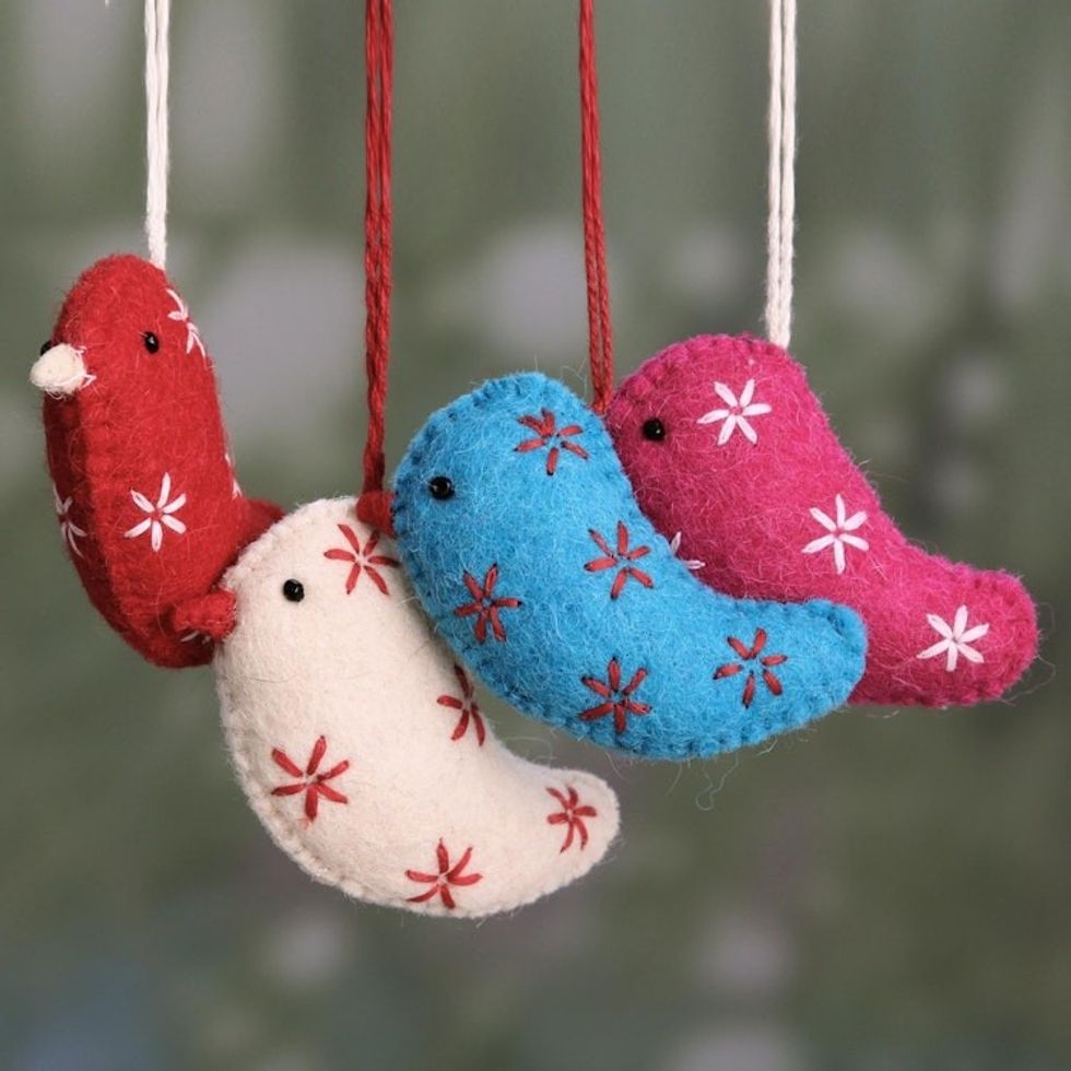 Assorted Color Wool Bird Ornaments from India Set of 4 'Messengers of Joy'