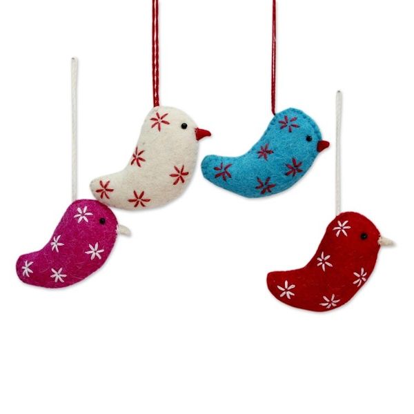 Alternate image for Assorted Color Wool Bird Ornaments from India Set of 4 Messengers of Joy