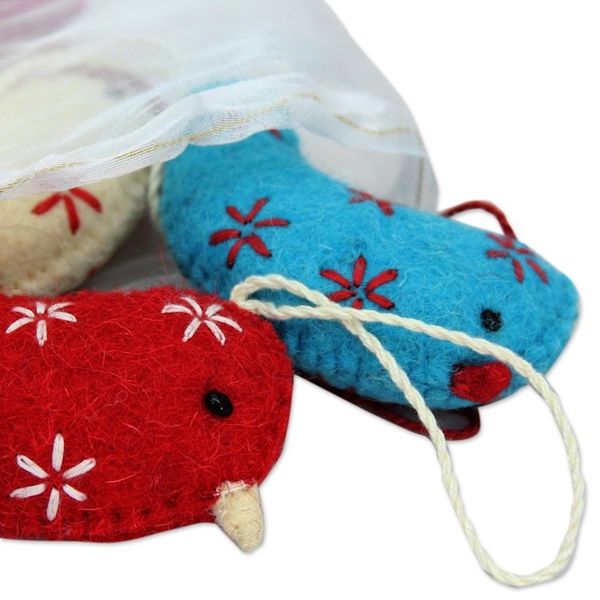 Alternate image for Assorted Color Wool Bird Ornaments from India Set of 4 Messengers of Joy