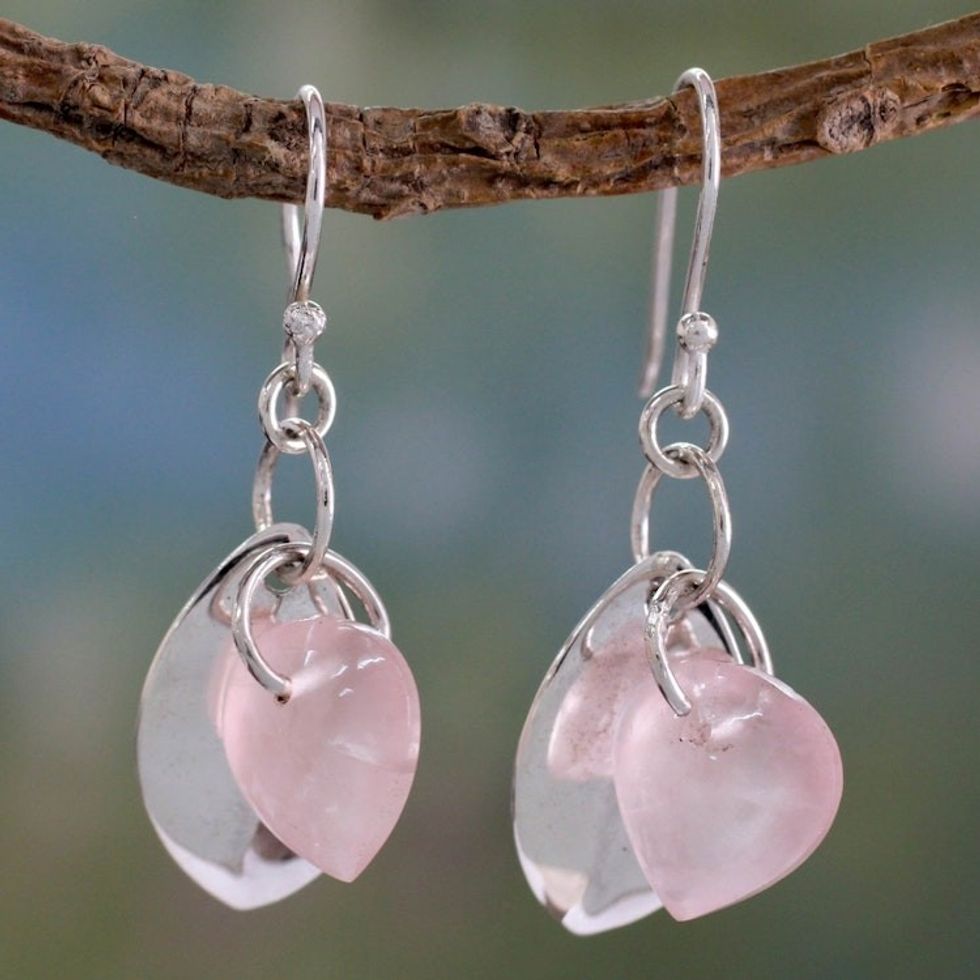 Fair Trade Jewelry Sterling Silver Earrings with Rose Quartz 'Glistening Dew'