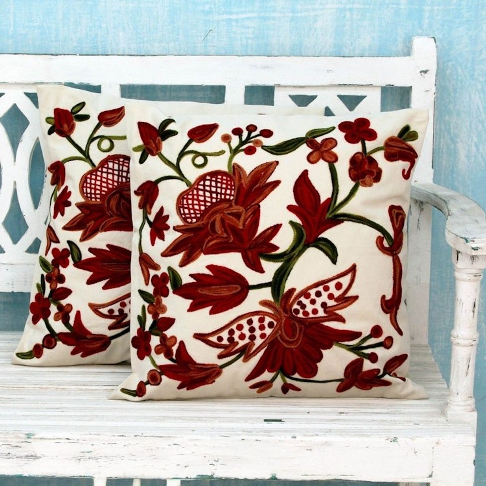 Two Ivory Cotton Cushion Covers with Chainstitch Embroidery 'Marsala Garden'