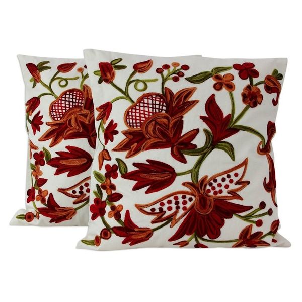 Alternate image for Two Ivory Cotton Cushion Covers with Chainstitch Embroidery Marsala Garden