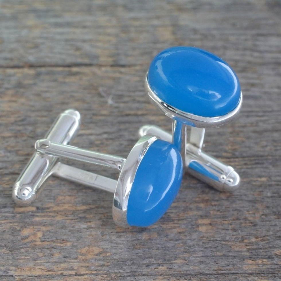 Silver and Blue Chalcedony Cufflinks from India 'To Dream'