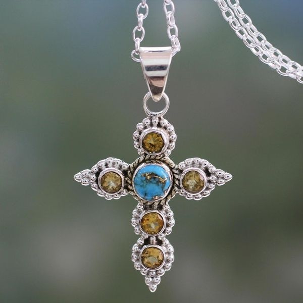 Alternate image for Artisan Crafted Citrine and Silver Cross Pendant Necklace Divine Harmony