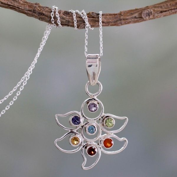 Alternate image for Sterling Silver Necklace Multi Gemstone Chakra Jewelry Rainbow Dew