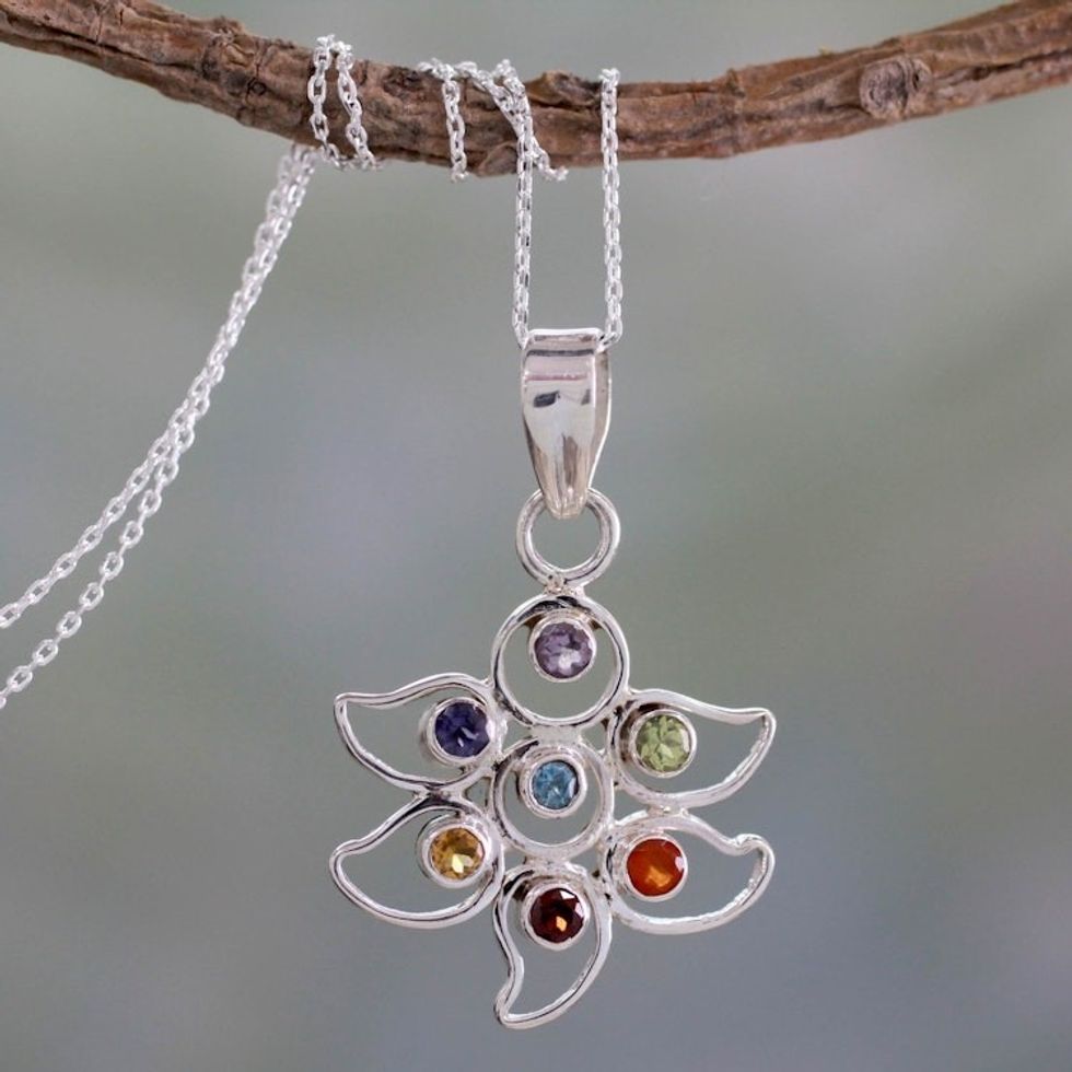 Sterling Silver Necklace Multi Gemstone Chakra Jewelry 'Rainbow Dew'