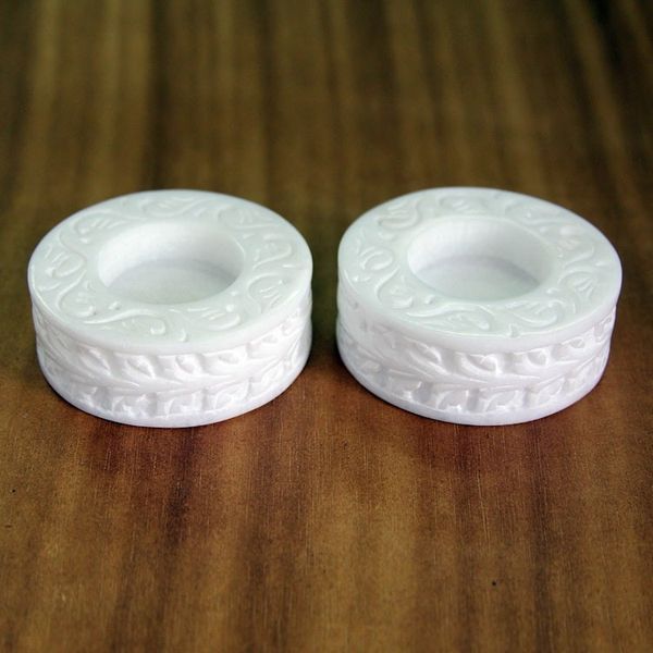 Alternate image for Round White Marble Tealight Holder with Engraved Vine Pair White Beauty
