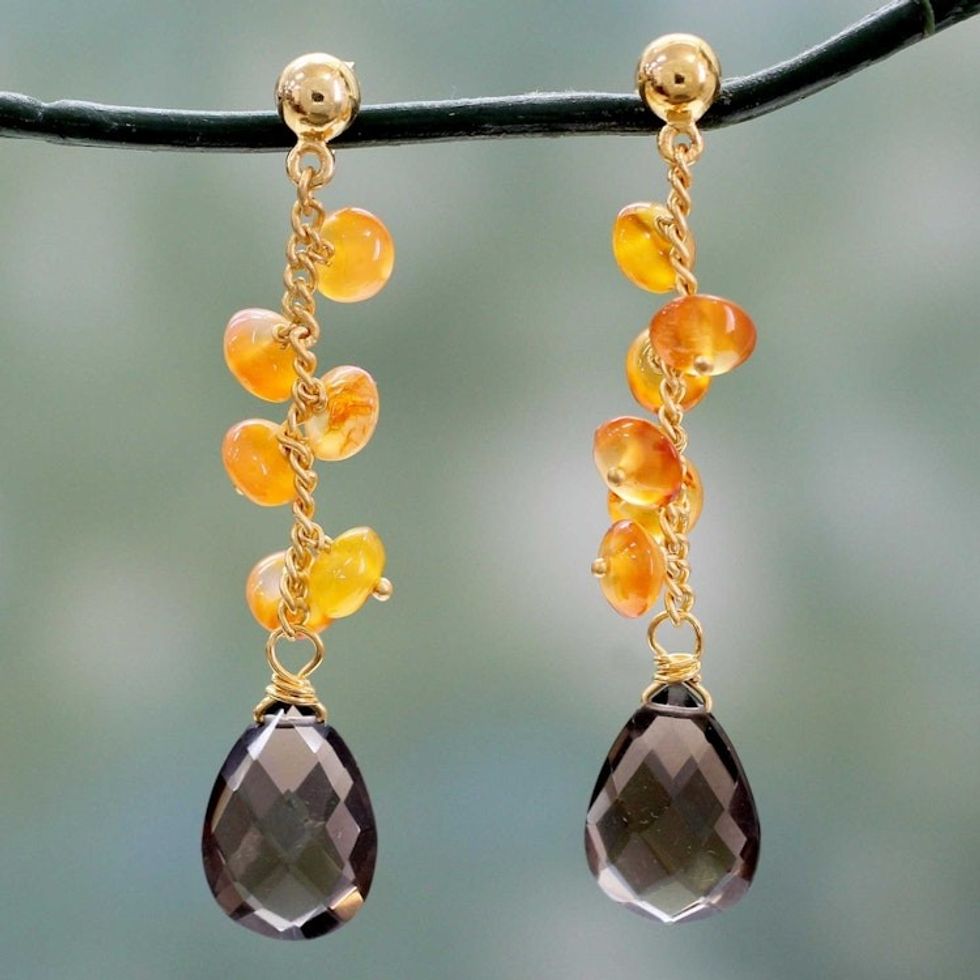 Fair trade Onyx and Smoky Quartz Gold Vermeil Earrings 'Eternal Mist'