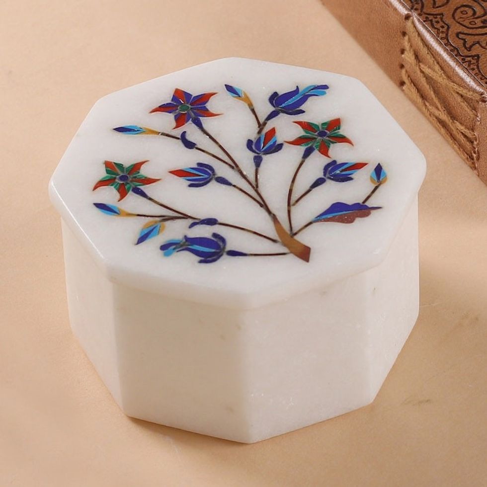 Octagonal Marble Inlay Jewelry Box 'Ivy Tree'