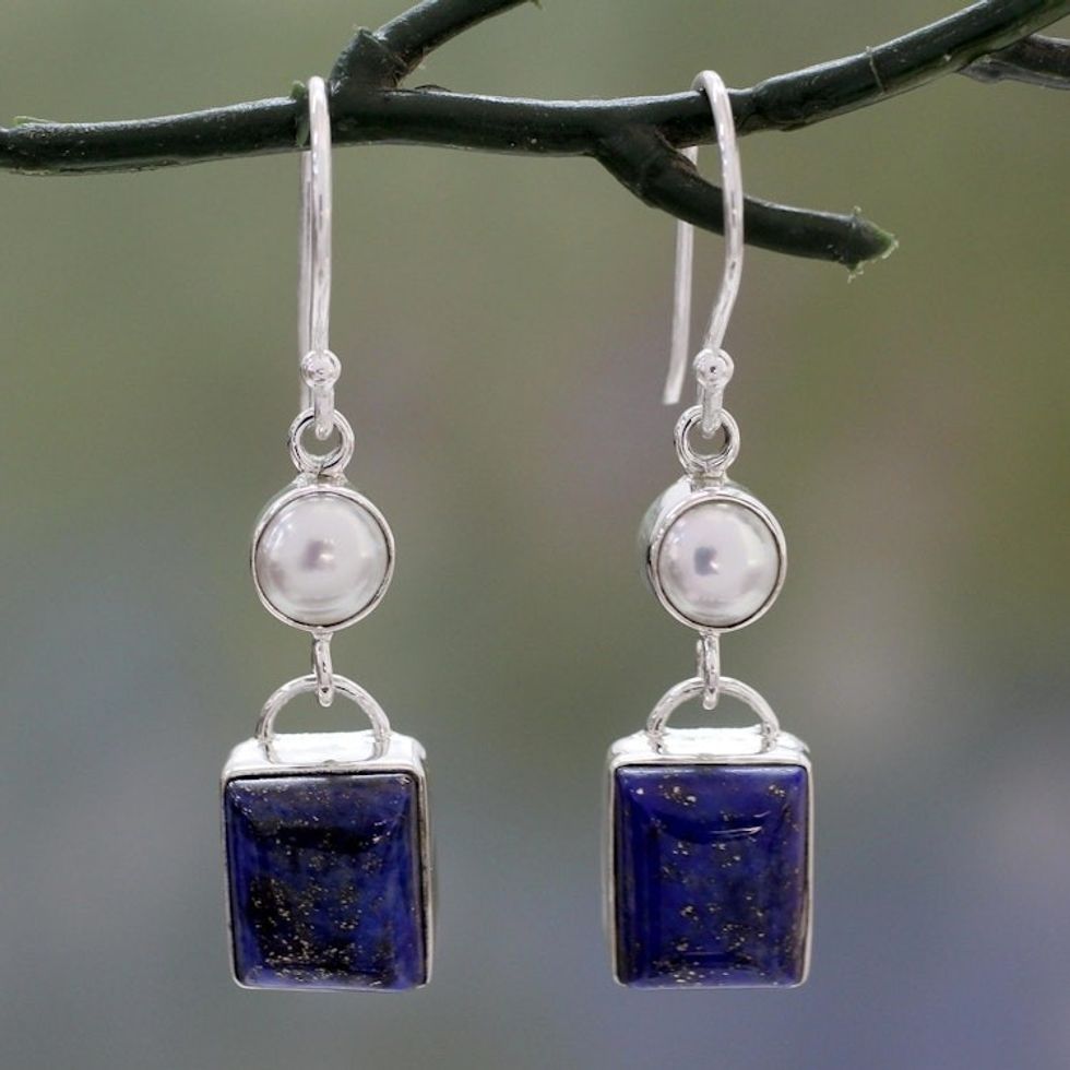 Silver Dangle Earrings with White Pearls and Lapis Lazuli 'Bangalore Glam'