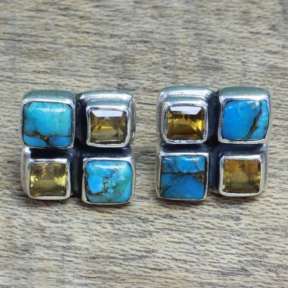 Citrine and Blue Composite Turquoise Button Earrings 'Harmonious Sky'