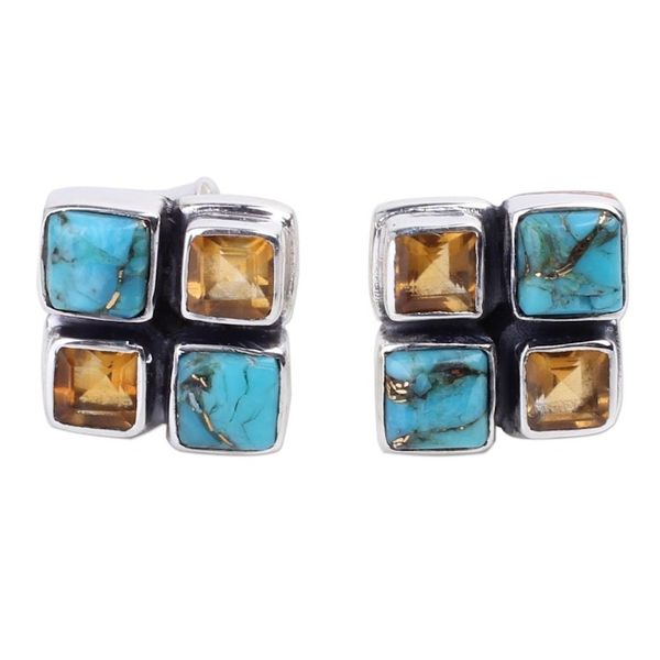 Alternate image for Citrine and Blue Composite Turquoise Button Earrings Harmonious Sky