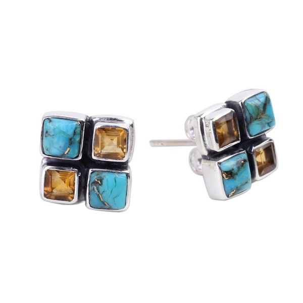 Alternate image for Citrine and Blue Composite Turquoise Button Earrings Harmonious Sky