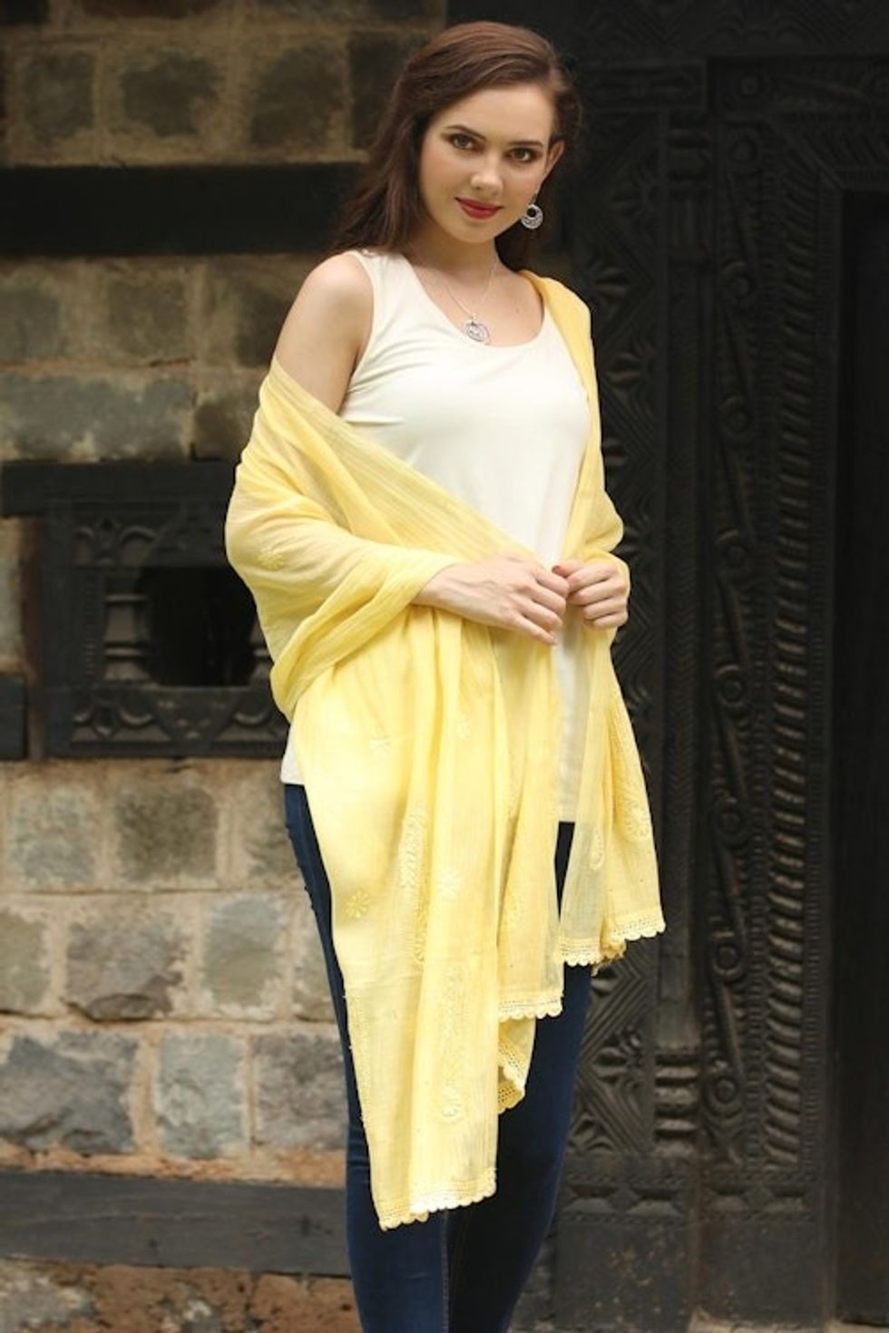 Paisley Shawl in Cotton and Silk Blend with Embroidery 'Yellow Paisley Dreams'