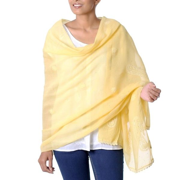 Alternate image for Paisley Shawl in Cotton and Silk Blend with Embroidery Yellow Paisley Dreams