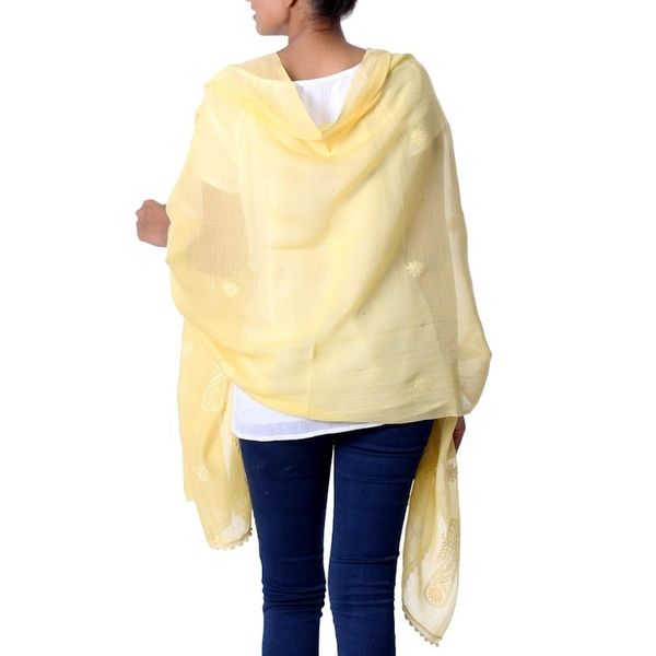 Alternate image for Paisley Shawl in Cotton and Silk Blend with Embroidery Yellow Paisley Dreams