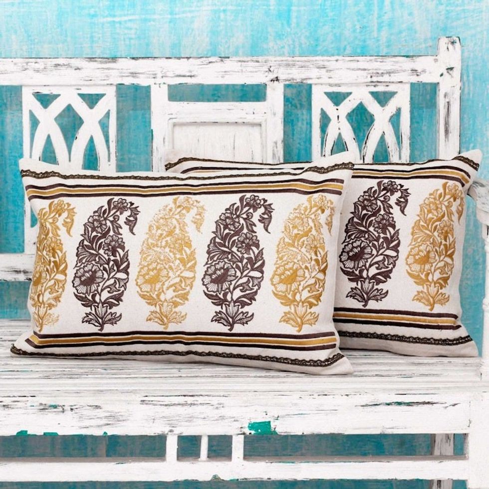 2 Brown and Yellow Paisley Embroidery Cotton Cushion Covers 'Floral Paisley'