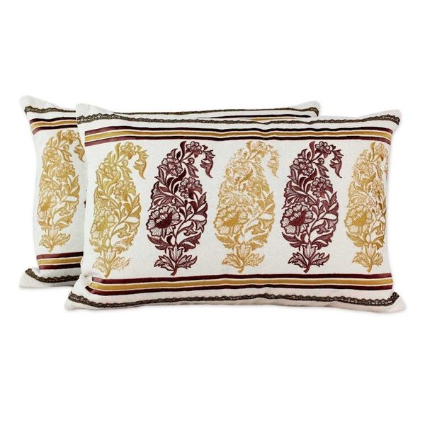 Alternate image for 2 Brown and Yellow Paisley Embroidery Cotton Cushion Covers Floral Paisley