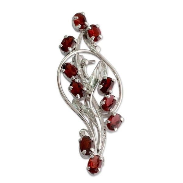 Alternate image for Floral Garnet and Sterling Silver Brooch Pin from India Elegant Passion