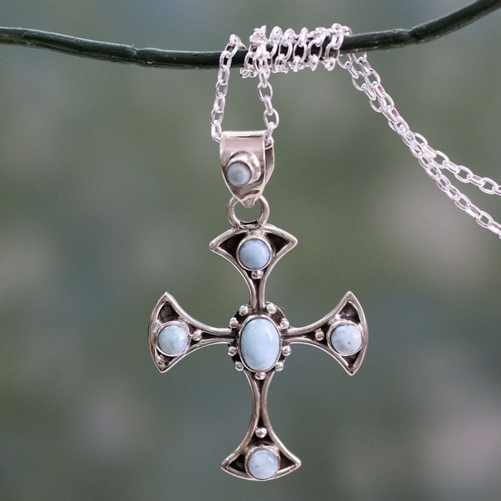 Larimar and Sterling Silver Cross Pendant Necklace 'Sacred Memory'