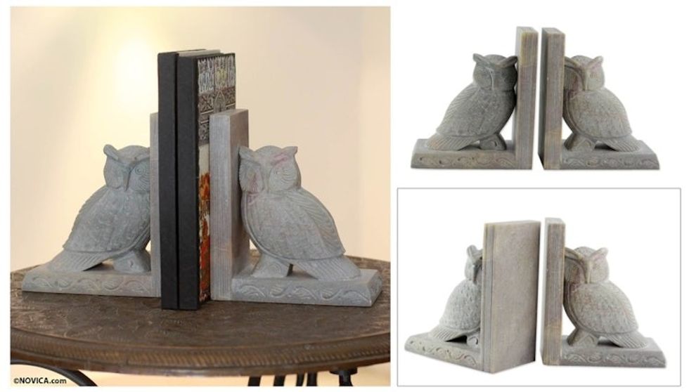 Hand Carved Soapstone Owl Bookends Pair 'Wisdom'