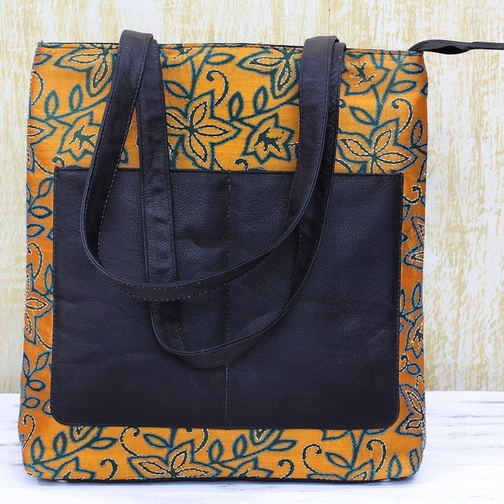 Kantha Embroidered Silk Shoulder Bag in Sunrise from India 'Divine Sunrise'