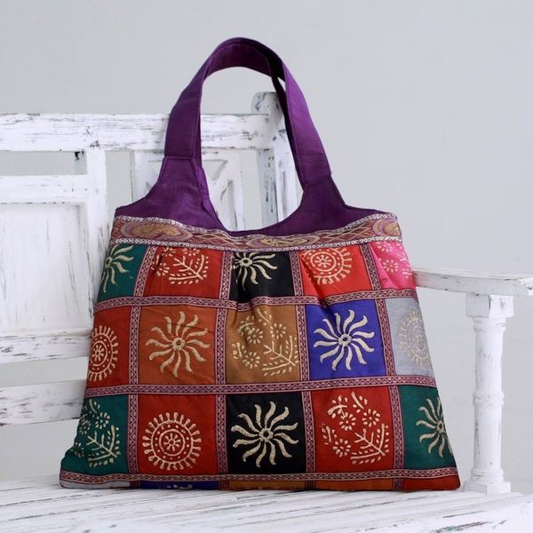 Alternate image for Purple Tote Handbag with Golden Block Prints Purple in Kutch