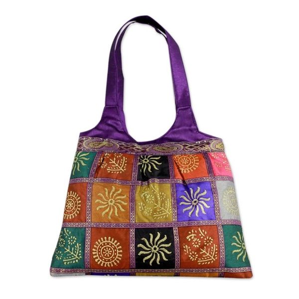Alternate image for Purple Tote Handbag with Golden Block Prints Purple in Kutch