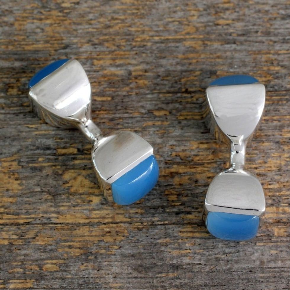 Men's Sterling Siver Cufflinks with Blue Chalcedony Gems 'Sky Squared'