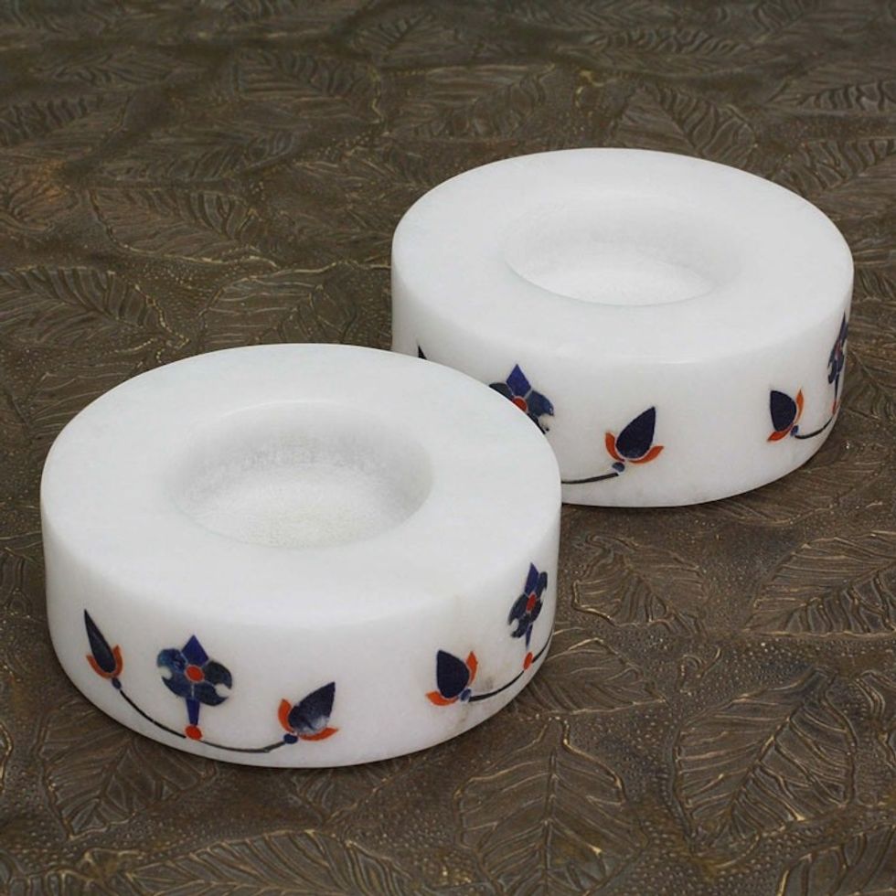 Round Marble Tealight Holder with Blue Blooming Buds Pair 'Floral Symmetry in Blue'