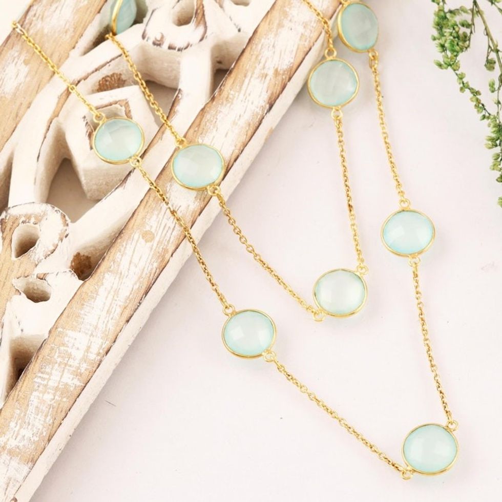 Gold Plated Chalcedony Station Necklace from India 'Skyward Charm'